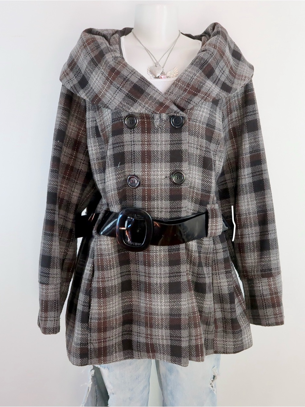 y2k brown grey plaid belted peacoat double breasted jacket